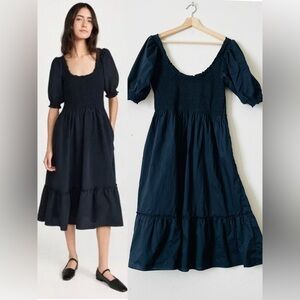 Hill House Home LARGE Louisa smocked tiered midi nap dress in Black Cotton